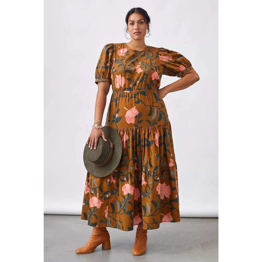 Anthropologie Conditions Apply Floral Maxi Dress Size 1X Brown Floral